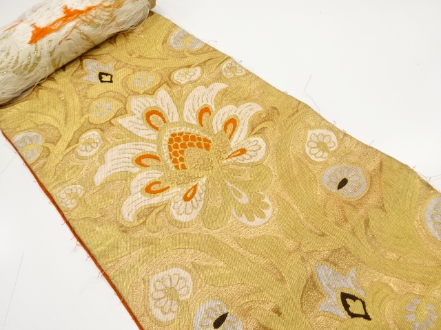 アンティーク　花更紗模様織り出し　名古屋帯地反物